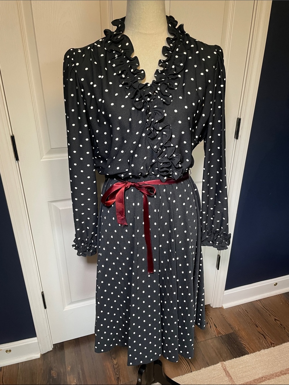 Vintage 1970s Lady Carol of New York Black Polka Dot Ruffle Secretary Dress L